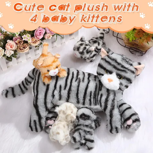 Miniatura 5 de Skylety Animal de peluche Nurturing con 4 gatitos de peluche, gatos de peluche para niñas y niños, mamá gatita de peluche con gatitos para regalos