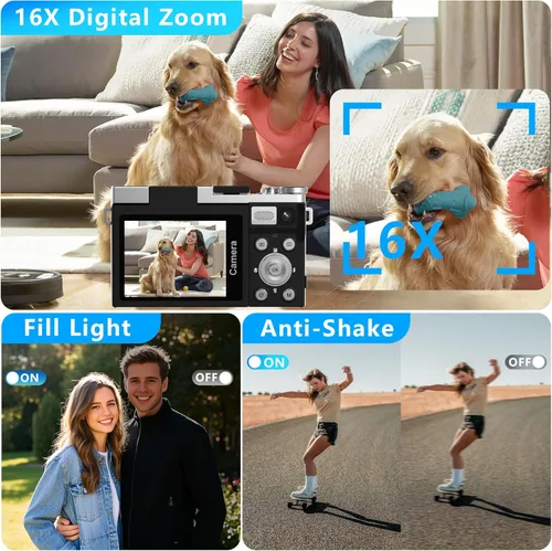 Miniatura 5 de Cámara digital 4K para fotografía con tarjeta de 64 GB, cámara de enfoque automático de 64 MP para YouTube, pantalla abatible de 180° de 2.88 Negro