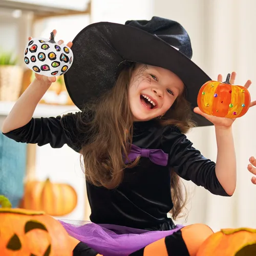 Miniatura 7 de Winlyn 8 juegos de pintura de calabaza de 4 pulgadas, manualidades de otoño, pintar tus propias calabazas de Halloween, calabazas de espuma blanca