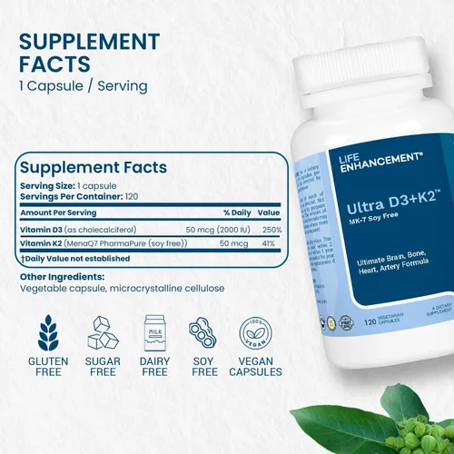 Miniatura 2 de Life Enhancement Vitamina D3 K2 2000iu apoya la salud muscular y cerebral - Suplemento D3 K2 ayuda en el apoyo inmunológico y cardiovascular