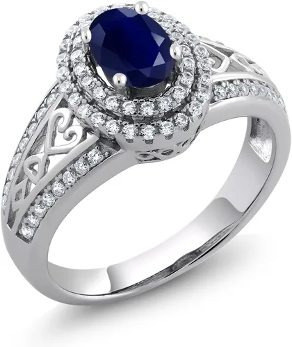 Miniatura 35 de Anillo de compromiso con halo de piedra preciosa y piedra natal en plata chapada en oro amarillo de 18 quilates, ovalado, 0.236 x 0.157 pulgadas