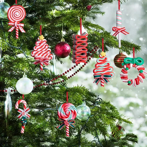 Miniatura 5 de codree 8 piezas Adornos colgantes de piruleta de Navidad - Adornos de caramelo para árbol de Navidad - Adorno de arcilla polimérica de caramelo