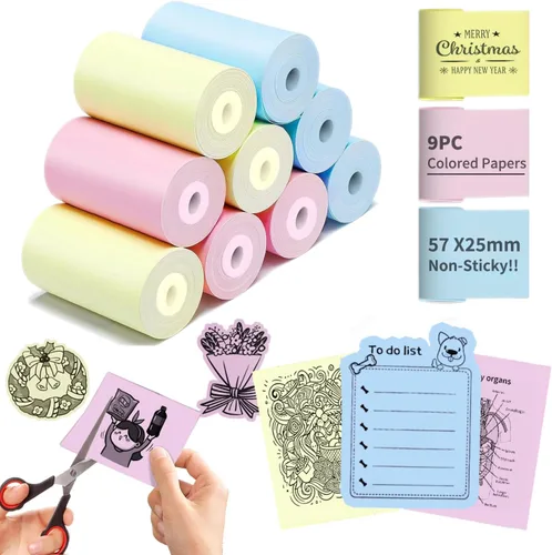 9 rollos de papel para impresora térmica - Colorido, sin adhesivo, 3 colores para la mayoría de mini impresoras térmicas