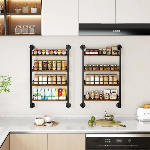 Miniatura 7 de IBUYKE Estante para Especias de Pared, Organizador Colgante de Condimentos de 4 Niveles, Estante Grande para Pared para hasta 50 Frascos, Marrón