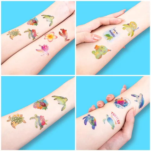 Miniatura 6 de 96 tatuajes temporales precortados de tortuga para niños Recuerdos de fiesta de cumpleaños temáticos súper lindos, suministros, decoraciones