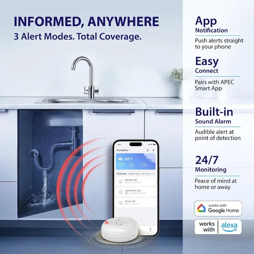 Miniatura 4 de APEC WATER Detector de fugas de agua WiFi para el hogar, conexión a la aplicación para recibir alertas en tiempo real, detección de humedad húmeda