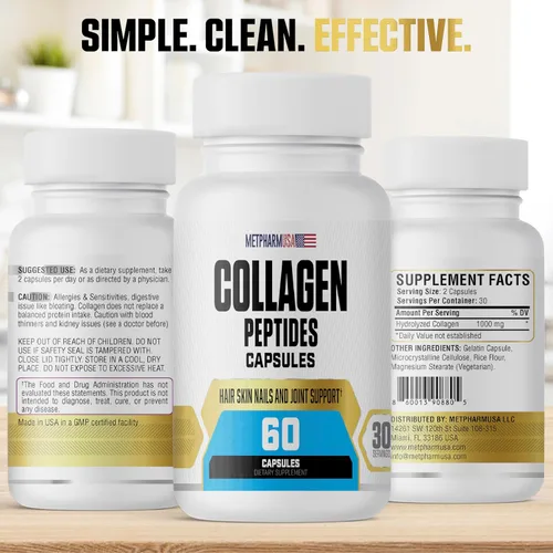 Miniatura 2 de Cápsulas de péptidos de colágeno, 1000 mg, piel y cabello, uñas y soporte articular, 30 porciones