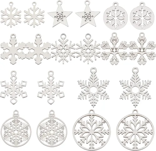 SUNNYCLUE 1 caja 20 piezas dijes de copo de nieve dije de nieve invierno acero inoxidable doble cara estrella hueca planos redondos colgantes de 1