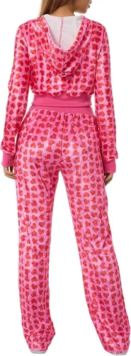 Miniatura 5 de Yiiciovy Conjunto deportivo de terciopelo rosa de 2 piezas para mujer, estampado de corazón, cremallera, sudadera con capucha Y2K, sudadera