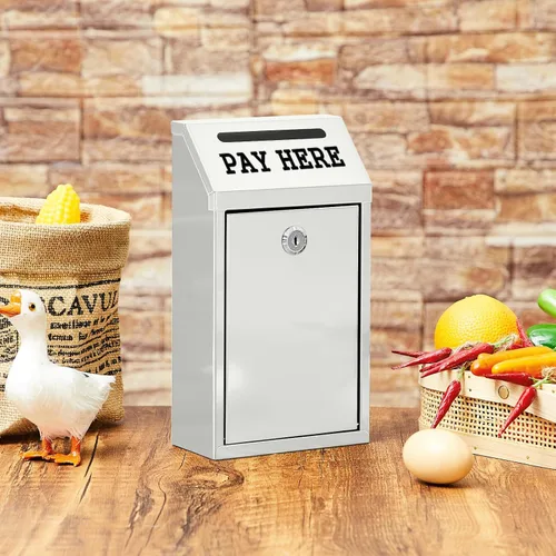 Miniatura 7 de Yaocom Caja de dinero segura para recolección de dinero, caja de donación de metal con cerradura para montaje en pared preperforado, buzón de Blanco