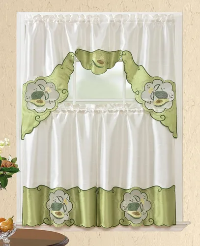 All American Collection Juego de cortinas bordadas modernas y contemporáneas de 3 piezas para el tratamiento de ventanas de la cocina (cenefa con