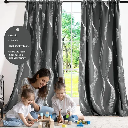 Miniatura 4 de Deconovo - Cortinas blackout con aislamiento térmico para comedor y cocina, estampado a rayas plateadas, trabillas traseras y bolsillo para Gris
