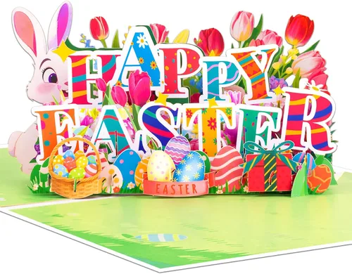 Miniatura 19 de GREETING ART Tarjeta desplegable de Pascua, diseño de ramo de conejo de cruz de lirio colorido 3D, tarjetas de felicitación de ramo de Pascua 3D