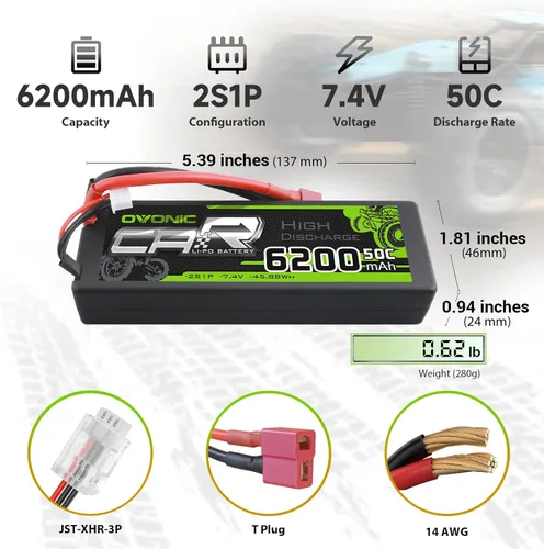 Miniatura 2 de OVONIC 2S Lipo Battery 50C 6200mAh 7.4V Lipo Batería con conector T estilo Dean para 1/8 1/10 RC coche, camión, barco (2 paquetes)
