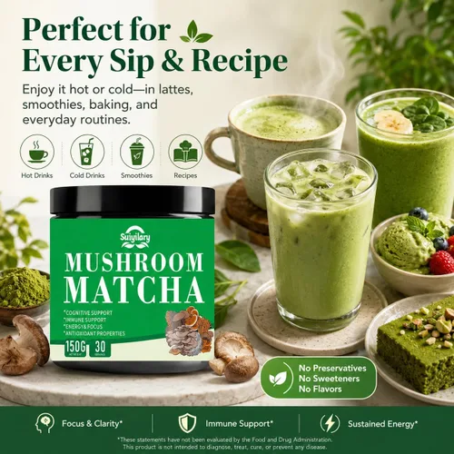 Miniatura 2 de Suiyilary Matcha de hongos, té matcha ceremonial en polvo con 7 hongos superalimentos, sin gluten, sabor genial matcha caliente o frío último, 5.29