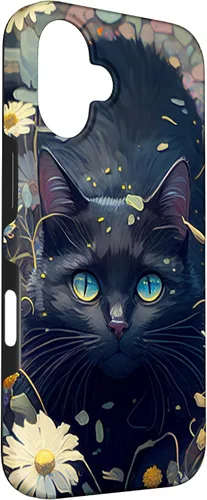 Miniatura 3 de iPhone 16 Cute Black Cat In Botanical Flower Garden Aesthetic Cat Case