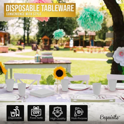 Miniatura 5 de Party Solids 350 Piezas Platos de Plástico Blanco Para Fiestas, Juego de Platos Desechables Blancos, 50 de Cada Juego de Platos para Cena de 9