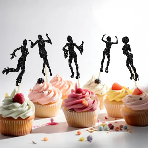 Miniatura 5 de 24 piezas de decoración de cupcakes de discoteca de los años 70 con purpurina negra, selecciones bailarinas de los 80 para decoración de pasteles