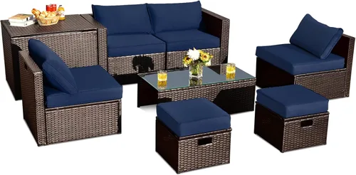 Miniatura 20 de Tangkula Patiojoy - Juego de muebles de patio de 8 piezas, sofá seccional de ratán PE para 6 personas con funda impermeable, para jardín, cubierta