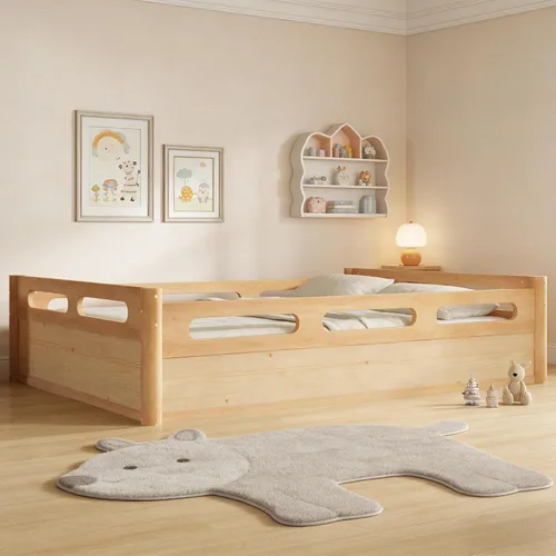 Miniatura 13 de Bellemave Cama de suelo Queen para niños, marco de cama Montessori con barandillas y puerta en forma de valla, cama Queen de madera para niños, Gris