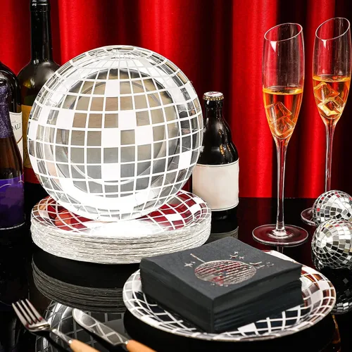 Miniatura 2 de Funtery 200 platos de discoteca y servilletas de los años 70 y 80, incluye platos de papel de bola de discoteca y servilletas para 100 invitados