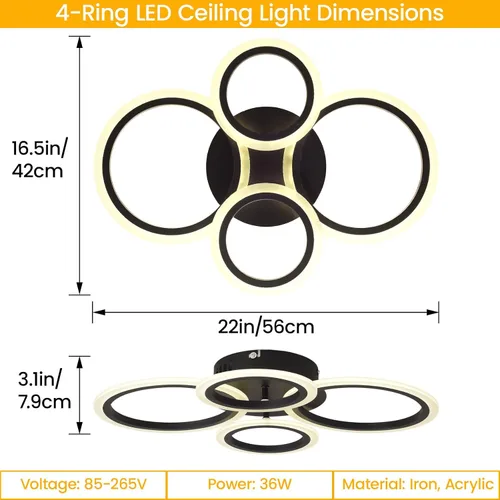 Miniatura 5 de Moderna lámpara LED de techo de 22 pulgadas, 36 W, 3000 lúmenes, 3000 – 6500 K, regulable con control remoto, lámpara de techo empotrada para Negro