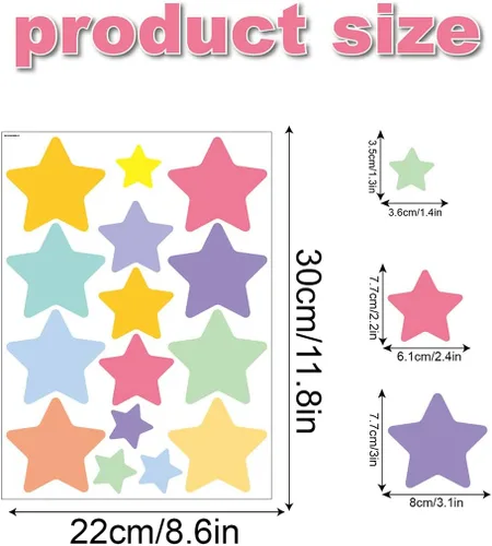 Miniatura 5 de Calcomanías de pared de estrellas coloridas para dormitorio de niños y niñas, calcomanías de pared de estrellas extraíbles de tamaño mixto