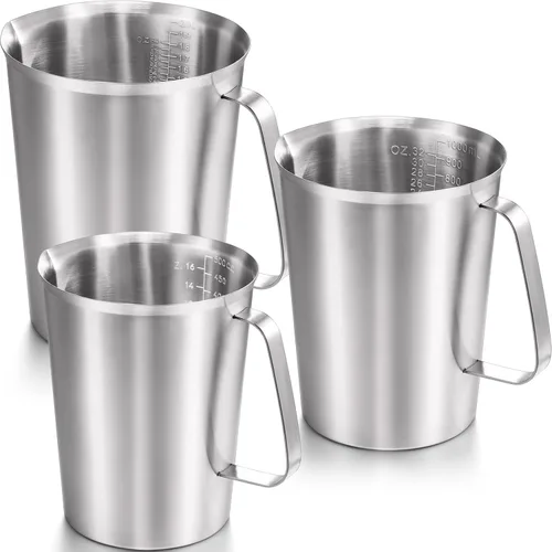 Flutesan 3 tazas medidoras de acero inoxidable con mango con marcas para arte latte, verter agua de 2/4/8 tazas (16/32/64 onzas)