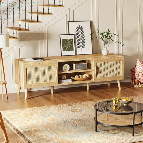 Miniatura 5 de SUPERJARE Soporte de TV bohemio para TV de 65 pulgadas, centro de entretenimiento con estante ajustable, consola de TV de ratán con 2 gabinetes