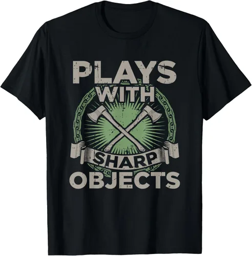Divertida camiseta de regalo con hacha Juega con objetos afilados, Negro, S