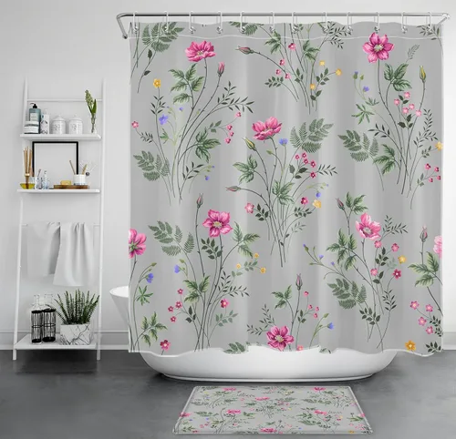 Miniatura 12 de Cortina de ducha floral rosa para baño, flores silvestres y hojas verdes salvia sobre beige, cortinas de ducha con ganchos, juego de cortinas