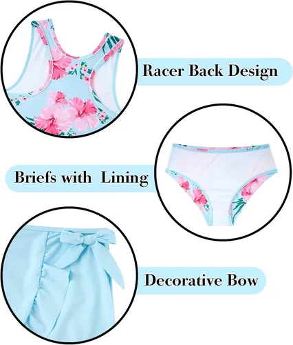 Miniatura 41 de Traje de baño tankini de 3 piezas para niñas, lindo bikini con salida de baño con falda de playa de 5 a 16 años