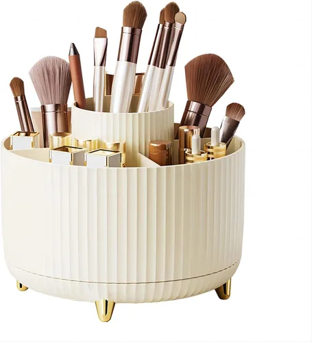 Miniatura 11 de DASITON Soporte para brochas de maquillaje de gran capacidad, organizador de maquillaje giratorio de 360°, 5 ranuras para brochas de maquillaje