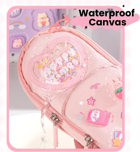 Miniatura 4 de Estuche de cartón lindo con diseño de oso y conejito de fresa, helado, 3 capas, gran capacidad, estuche organizador de cosméticos (rosa-1)