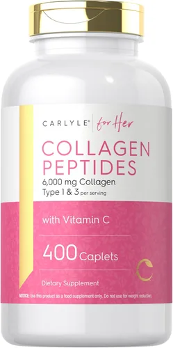 Carlyle Péptidos de colágeno de 6000 mg | 400 cápsulas | con vitamina C | Tipo 1 y 3 | Sin OMG, sin gluten, suplemento alimentado con pasto