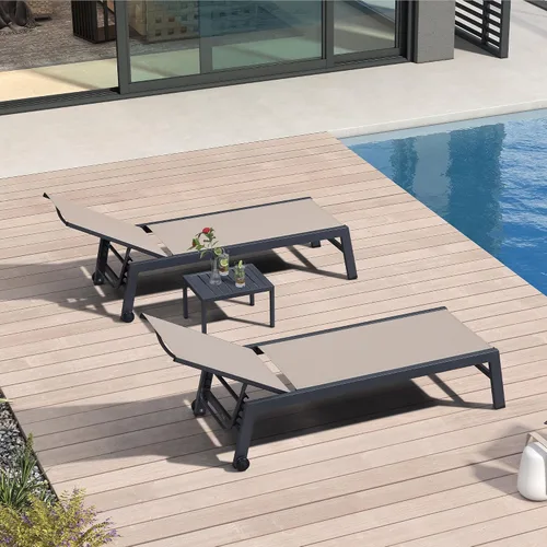 Miniatura 45 de PURPLE LEAF Juego de 2 tumbonas de aluminio para patio al aire libre con ruedas y mesa auxiliar, tumbona de piscina para jardín al aire libre, junto