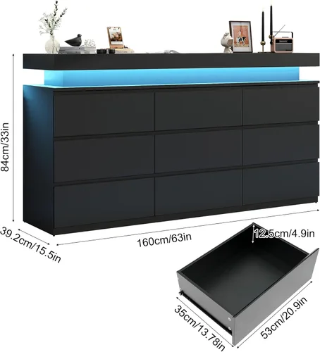 Miniatura 2 de chartustriable Cómoda de 9 cajones con luz LED, cómoda moderna para armario, gabinete organizador de cajones de 63 pulgadas de ancho