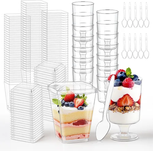 Miniatura 12 de mwellewm 150 paquetes de mini tazas de postre con cucharas, tazas de postre de plástico transparente de 3oz para postres tipo parfait para fiestas