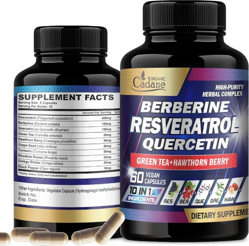 Cadane Resveratrol Suplemento 10 en 1 Plus con Quercetina, Berberina, Té Verde, Semilla de Uva, Baya Espino, Cúrcuma, Rhodiola Rosea, Ginkgo Biloba