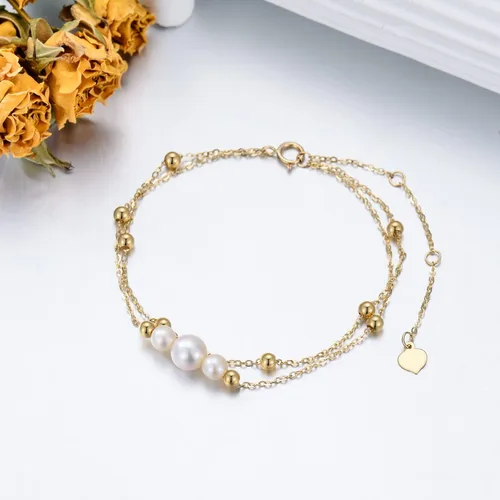 Miniatura 3 de Pulseras de perlas de oro de 14 quilates para mujer, pulsera de doble cadena de oro macizo con perlas cultivadas de agua dulce, joyería