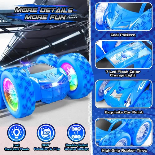 Miniatura 3 de Wupuaait Auto a control remoto para niños, autos de acrobacias a control remoto, juguetes para niños de 4 a 7 años con patrón de doble cara y flash