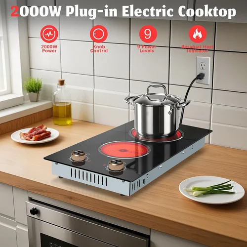 Miniatura 3 de Estufa eléctrica de 2 quemadores, estufa eléctrica integrada y encimera de 12 pulgadas, encimera de cerámica con control de perilla, 9 niveles
