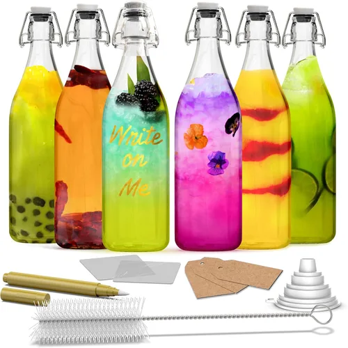 Nevlers Botellas de vidrio con tapa abatible de 33 onzas con tapones, botella de vidrio abatible con tapa, paquete de 6 botellas resellables de 1