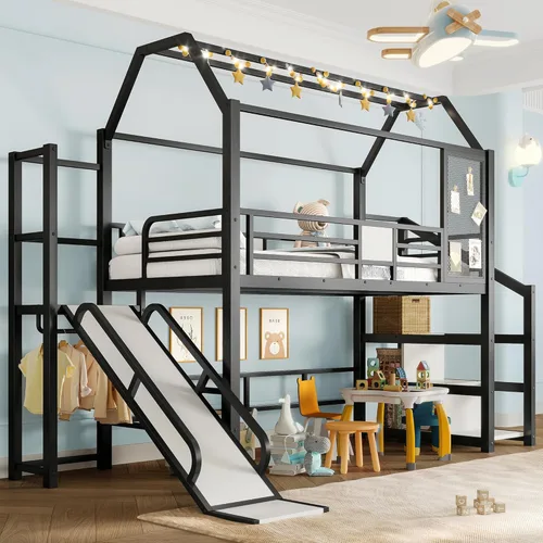 Bellemave Cama Loft de Metal Tipo Casa Tamaño Twin con Tobogán y Escaleras, Marco de Cama Loft Casa de Juegos de Servicio Pesado con Estantes de