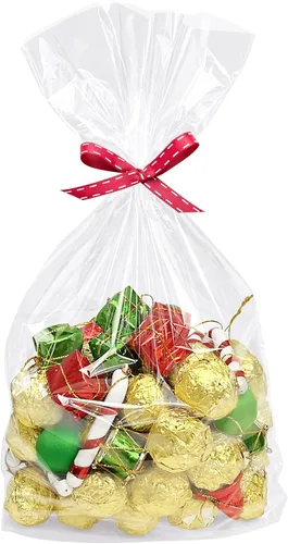 Morepack Bolsas de Celofán de Fondo Plano, 100 Piezas 9x3x13 Pulgadas Bolsas de Celofán Transparentes de Fondo Plano para Dulces con Lazos de