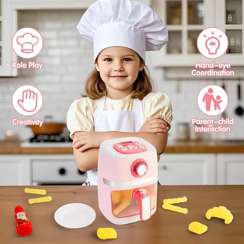 Miniatura 6 de Juego de electrodomésticos de cocina con freidora de aire de juguete para niños, accesorios de cocina con sonido e iluminación, comida de juego que