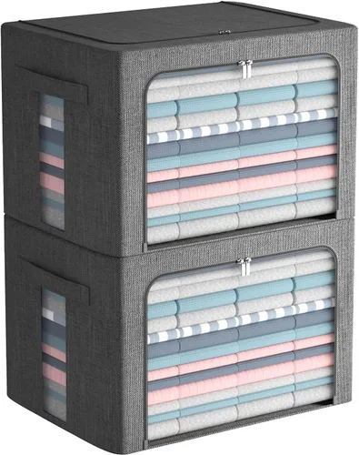 Miniatura 8 de FHSQX Paquete de 2 contenedores de almacenamiento de ropa apilables, caja de almacenamiento con marco de metal, organizador plegable de tela de lino
