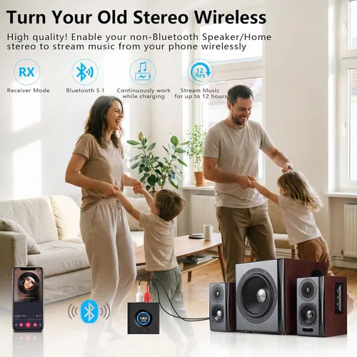Miniatura 2 de 1Mii Receptor Bluetooth para estéreo doméstico, adaptador inalámbrico AUX y RCA, emparejamiento de dispositivos duales, tiempo de reproducción de 12