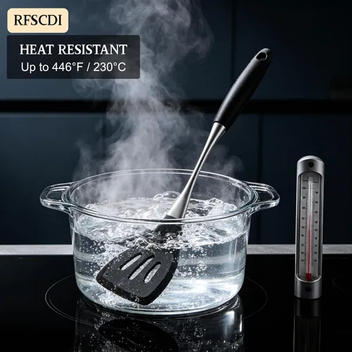 Miniatura 4 de Juego de utensilios de cocina de silicona negra de alta calidad, no tóxicos, resistentes al calor y antiadherentes, con espátula, cuchara, batidor