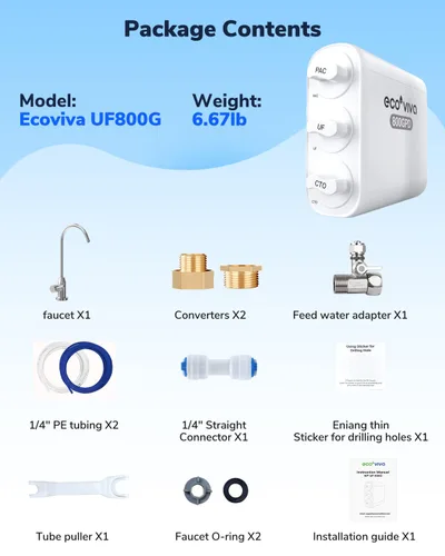 Miniatura 8 de Ecoviva Filtro de agua debajo del fregadero de ultrafiltración de 0.01μm, sistema de filtración de agua sin tanque 800GPD de 4 etapas, diseño